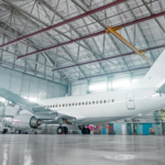 Commercial airplane parked in a bunker