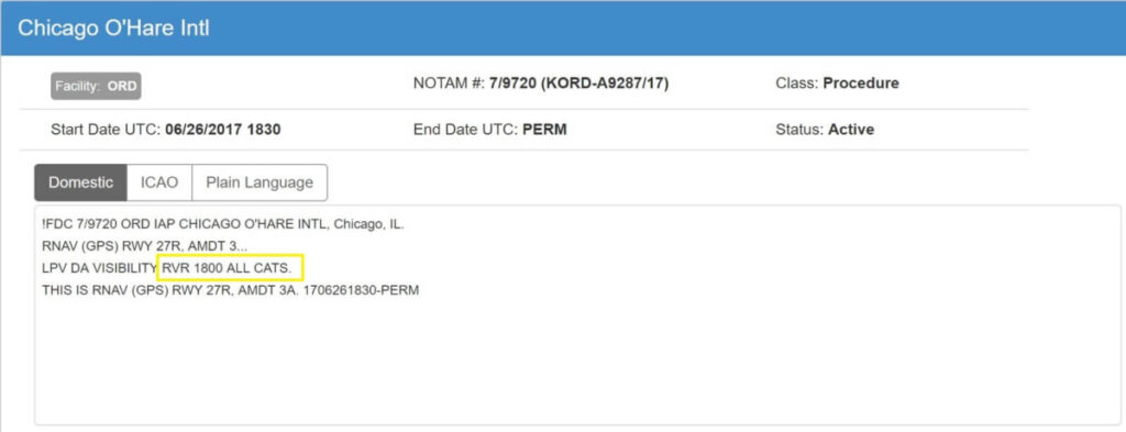 Chicago NOTAM for visibility