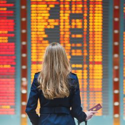 passenger in front of FIDs board